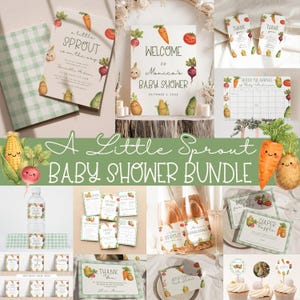 May include: A baby shower bundle with a whimsical "A Little Sprout" theme. The set includes invitations, welcome signs, thank you cards, and cupcake toppers. The designs feature adorable vegetable illustrations, such as carrots, potatoes, and corn.