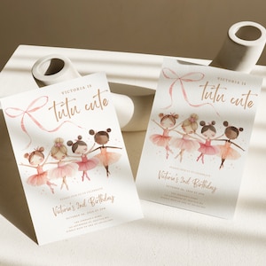 May include: Pink and gold invitation with a watercolor illustration of five ballerinas wearing tutus. The text reads "Victoria is tutu cute" and "Victoria's 2nd Birthday".