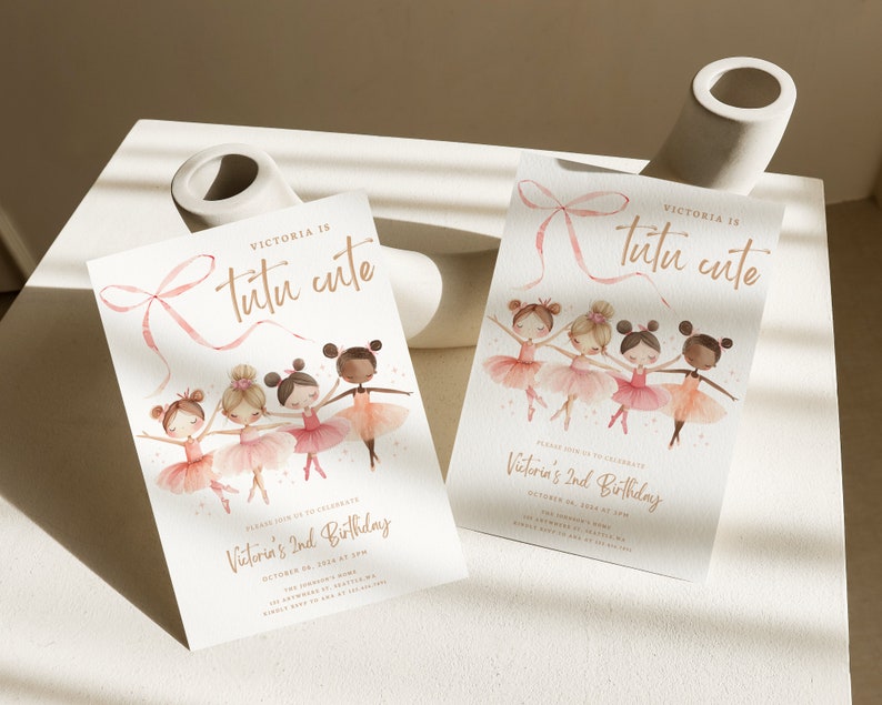 May include: Pink and gold invitation with a watercolor illustration of five ballerinas wearing tutus. The text reads "Victoria is tutu cute" and "Victoria's 2nd Birthday".