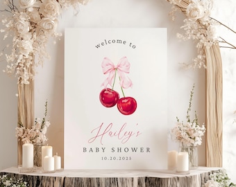 Cherry Baby Shower Welcome Sign , Cherry on top Sign, Modern Baby Shower Signs, Coquette, Pink bow berries Minimal Girl Baby Shower Soft