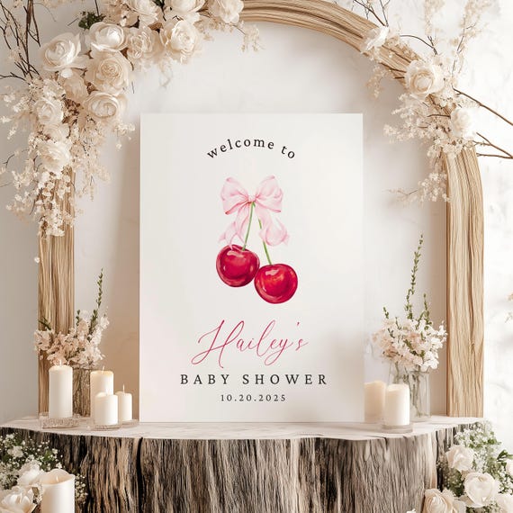 Cherry Baby Shower Welcome Sign , Cherry on top Sign, Modern Baby Shower Signs, Coquette, Pink bow berries Minimal Girl Baby Shower Soft