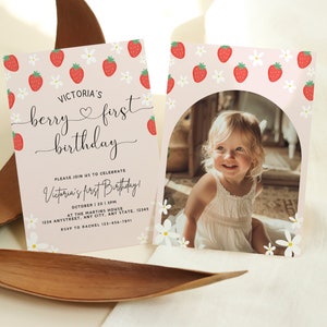 Berry First Birthday Invitation Template With Photo, Strawberry 1st Birthday Invite, Girls 1st Birthday Invitation, Boho Invite, Daisy image 2