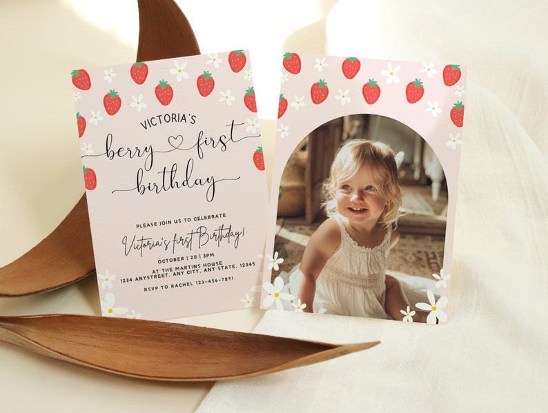 Berry First Birthday Invitation Template With Photo, Strawberry 1st Birthday Invite, Girls 1st Birthday Invitation, Boho Invite, Daisy image 2