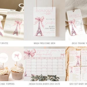 May include: A set of printable baby shower decorations featuring a Parisian theme with pink and white colors. The set includes an invitation, welcome sign, thank you tags, cupcake toppers, a game to guess the baby's due date, and several baby shower games.