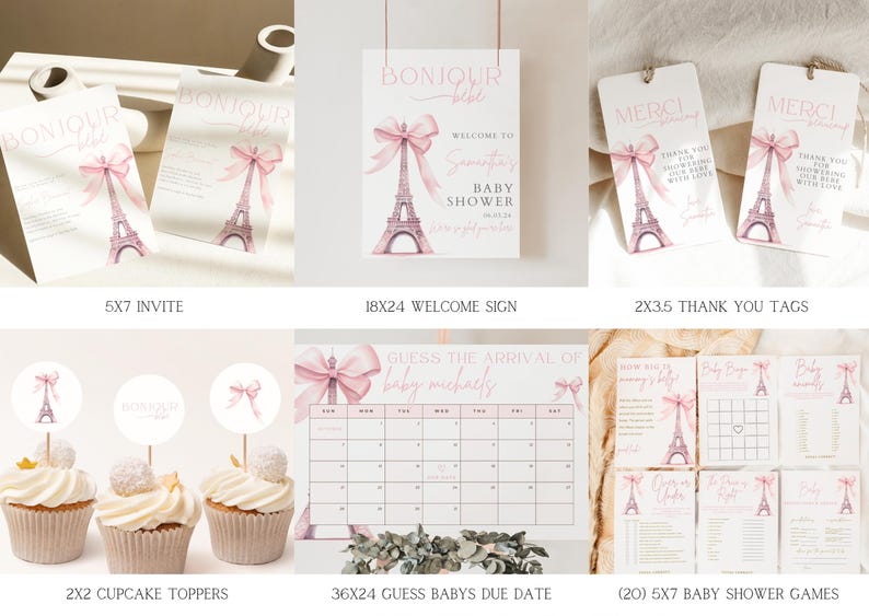 May include: A set of printable baby shower decorations featuring a Parisian theme with pink and white colors. The set includes an invitation, welcome sign, thank you tags, cupcake toppers, a game to guess the baby's due date, and several baby shower games.