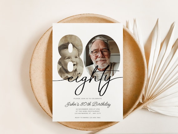 80th Birthday Invite, Look Who's 80, 80th Birthday Invitation with Photo, Simple 80th Invitation, Eighty Birthday, Invite for Man Woman