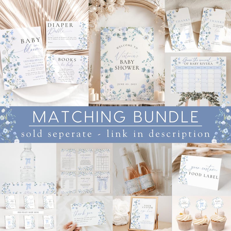 Puede incluir: Un conjunto de invitaciones para baby shower azul y blanco con dise&ntilde;os florales. El conjunto incluye un cartel de bienvenida, una tarjeta de rifa de pa&ntilde;ales, una tarjeta de solicitud de libros, una tarjeta de agradecimiento, una etiqueta de comida y m&aacute;s. El texto en el cartel de bienvenida dice "Bienvenido a la fiesta de bienvenida al beb&eacute; de [Nombre]" y "9 de junio de 2025".
