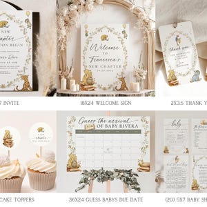 May include: A Winnie the Pooh themed baby shower invitation set with a welcome sign, thank you tags, cupcake toppers, baby shower games, and a guess the baby's due date game. The set features illustrations of Winnie the Pooh and his friends.
