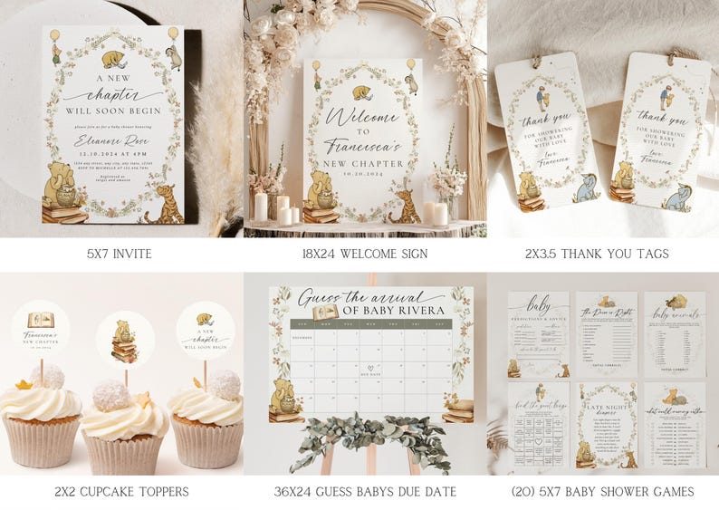 May include: A Winnie the Pooh themed baby shower invitation set with a welcome sign, thank you tags, cupcake toppers, baby shower games, and a guess the baby's due date game. The set features illustrations of Winnie the Pooh and his friends.