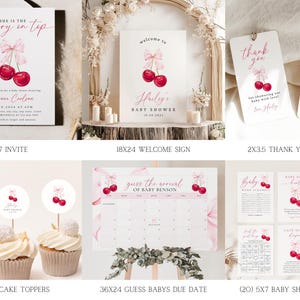 May include: A set of printable baby shower decorations featuring a cherry theme. The set includes an invitation, welcome sign, thank you tags, cupcake toppers, a game to guess the baby's due date, and several baby shower games.
