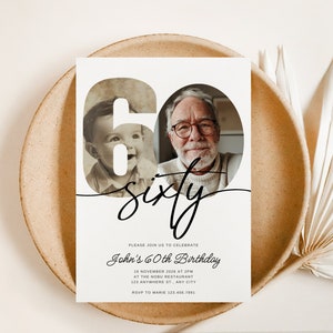 Zum 60. Geburtstag einladen, Schauen Sie, Wer 60 ist, 60. Geburtstagseinladung mit Foto, Einfache 60er-Einladung, Sechziger Geburtstag einladen für Mann und Frau
