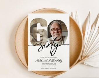 60th Birthday Invite, Look Who's 60, 60th Birthday Invitation with Photo, Simple 60th Invitation, Sixty Birthday, Invite for Man Woman