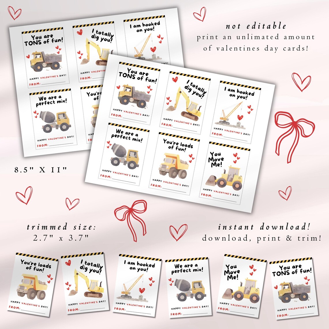 Construction Valentine's Day Cards, Builder Valentines Cards, Printable ...