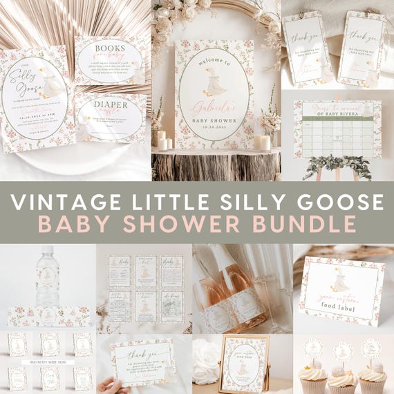 Little Silly Goose Baby Shower Bundle, Vintage Floral Goose Invite Games Signs Bundle, Pink Greenery Girls Baby Shower Boho Editable Digital