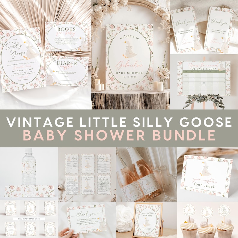 Little Silly Goose Baby Shower Bundle, Vintage Floral Goose Invite Games Signs Bundle, Pink Greenery Girls Baby Shower Boho Editable Digital image 1