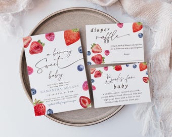 Berry Sweet Baby Shower Bundle, Berry Sweet Baby Shower Set, Berry Sweet Invitation, Strawberry Baby Shower Invitation, Editable Templates