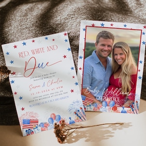 Red White and Due Baby Shower Invitation, 4th of July Invite, Baby Shower Invite, Independence Day Party American Red White and Blue Decor