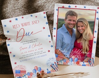 Red White and Due Baby Shower Invitation, 4th of July Invite, Baby Shower Invite, Independence Day Party American Red White and Blue Decor
