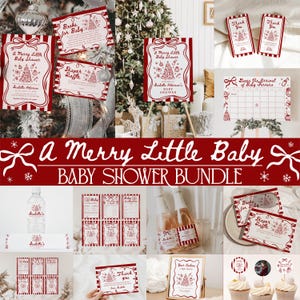 May include: A collection of red and white baby shower decorations and stationery. The bundle includes invitations, thank you cards, a calendar, and cupcake toppers, all with a Christmas tree theme. The text "A Merry Little Baby Shower Bundle" is displayed.