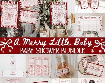 May include: A festive baby shower bundle in red and white, featuring invitations, thank you cards, and a calendar. The designs include Christmas trees and the text "A Merry Little Baby Shower Bundle". The set is ideal for a Christmas-themed baby shower.
