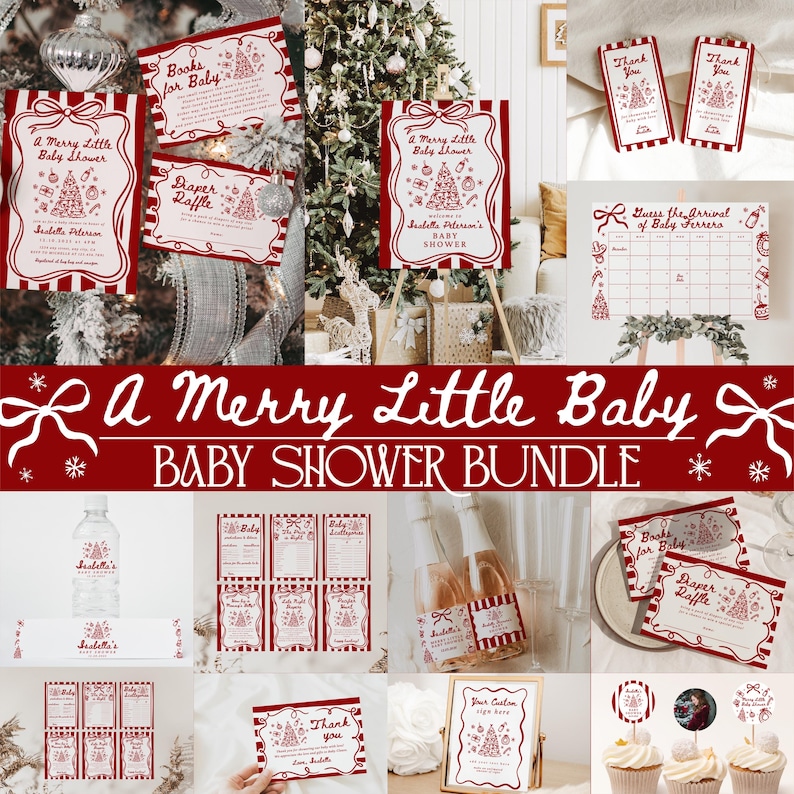 May include: A collection of red and white baby shower decorations and stationery. The bundle includes invitations, thank you cards, a calendar, and cupcake toppers, all with a Christmas tree theme. The text "A Merry Little Baby Shower Bundle" is displayed.