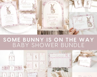 Coquette Vintage Pink Bow Baby Shower Bundle, Some bunny is on the way, Baby Shower Invite, Boho, Floral, Bunny Storybook Easter Spring