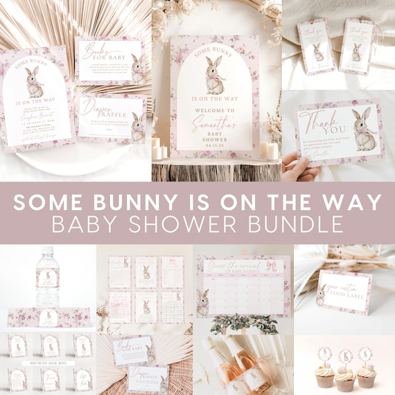 Coquette Vintage Pink Bow Baby Shower Bundle, Some bunny is on the way, Baby Shower Invite, Boho, Floral, Bunny Storybook Easter Spring