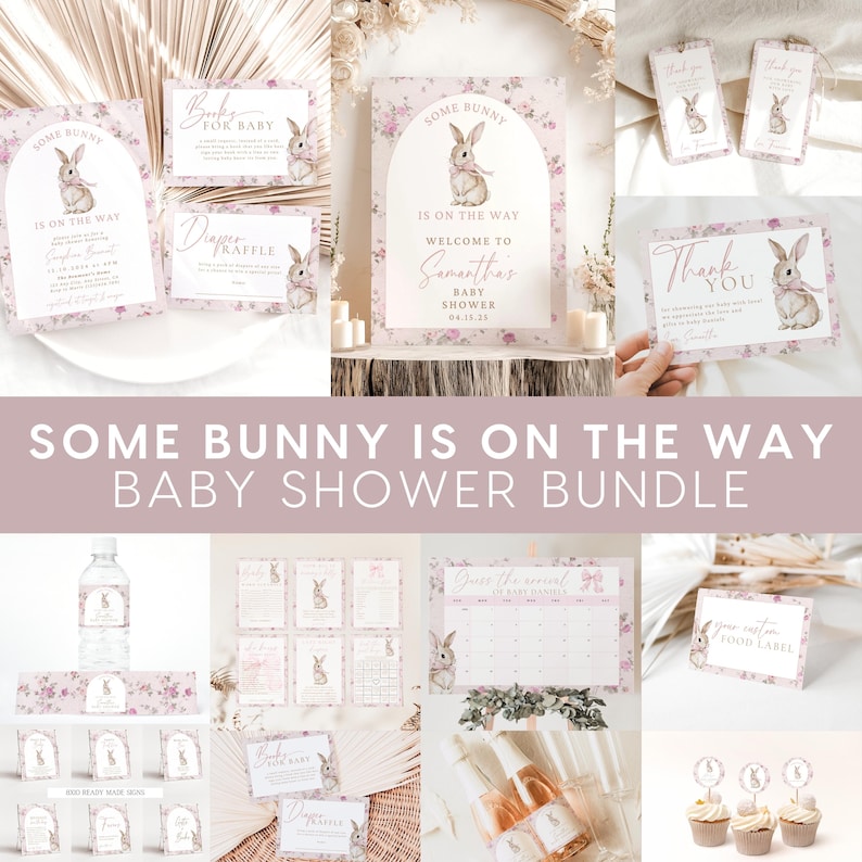 Op de afbeelding: Een baby showerpakket in roze en wit met een konijnenillustratie. De set bevat uitnodigingen, bedankkaartjes, voedseletiketten, waterfleslabels, cupcaketoppers en een welkomstbord. De tekst op het welkomstbord luidt "Some Bunny is on the Way, Welcome to Samantha's Baby Shower 04.15.18".
