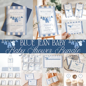 May include: A baby shower bundle with a blue jean theme. The invitation and welcome sign feature baby clothes hanging on a clothesline. The bundle includes thank you cards, food labels, and cupcake toppers. The text reads "Blue Jean Baby" and "Baby Shower Bundle."