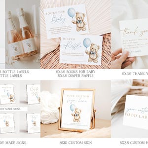May include: Printable baby shower party decorations featuring a blue and white color scheme with a teddy bear holding a blue balloon. The set includes water bottle labels, bottle labels, ready-made signs, a custom sign, a thank you card, and a food label.