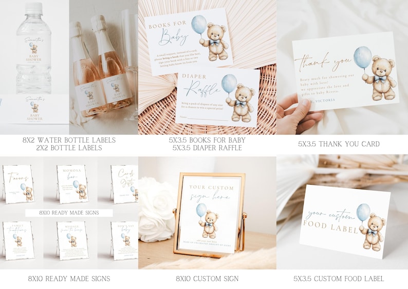 May include: Printable baby shower party decorations featuring a blue and white color scheme with a teddy bear holding a blue balloon. The set includes water bottle labels, bottle labels, ready-made signs, a custom sign, a thank you card, and a food label.