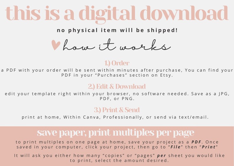 以下が含まれることがあります： ピンクと白のグラフィックで、「this is a digital download」と「no physical item will be shipped!」というテキストが表示されています。  下にハートのアイコンと「how it works」というテキストがあります。  このグラフィックは、デジタルダウンロードの注文、編集、印刷方法を説明しています。  「save paper, print multiples per page」というテキストはピンクのボックスに入っています。