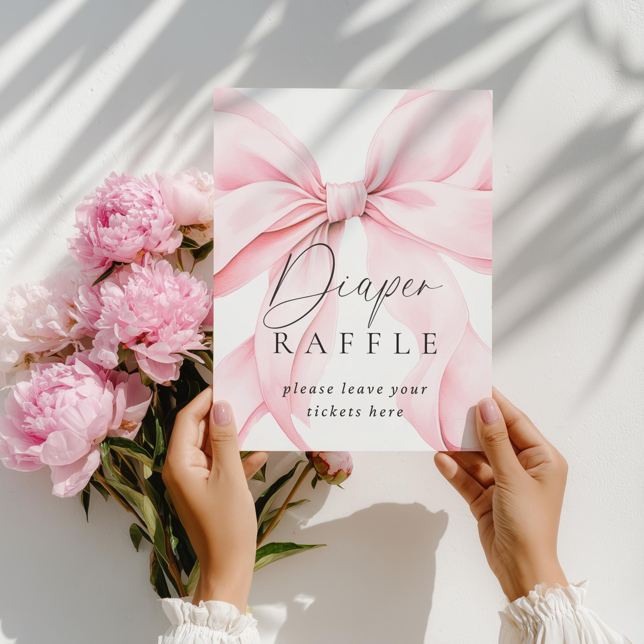 Pink Ribbon G Raffle Printable Pink Bow Diaper Raffle Sign and Cards, Pink Watercolor Ribbon ...