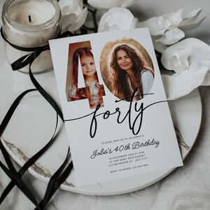 May include: A white invitation card with black text and a photo of a woman and a young girl. The text reads "Please join us to celebrate Julia's 40th Birthday 16 November 2026 at 2PM at the Nobu Restaurant 123 Anywhere St. Any City RSVP to Marie 123.455.7891".