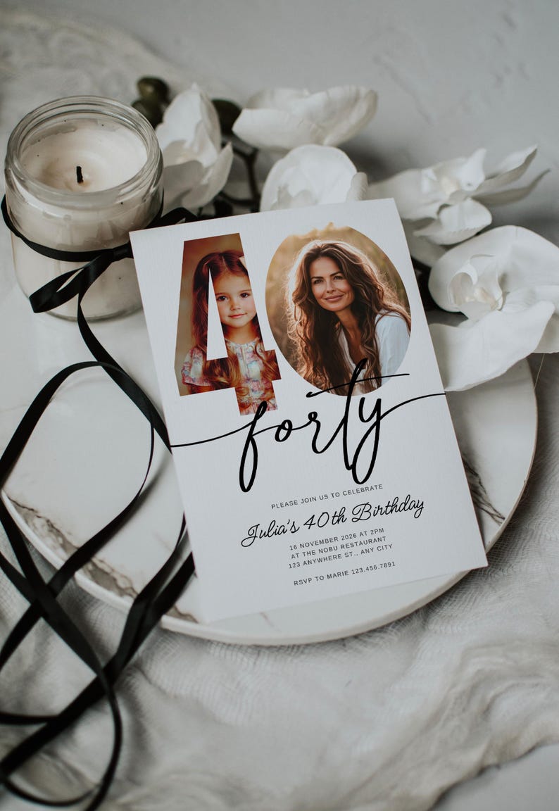 May include: A white invitation card with black text and a photo of a woman and a young girl. The text reads "Please join us to celebrate Julia's 40th Birthday 16 November 2026 at 2PM at the Nobu Restaurant 123 Anywhere St. Any City RSVP to Marie 123.455.7891".