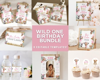 May include: A printable set of 8 editable templates for a wild one birthday party. The templates feature a pink and gold color scheme with jungle animal illustrations. The templates include a food label, a sign, a welcome sign, a thank you tag, a water bottle label, a cupcake topper, and an invitation.