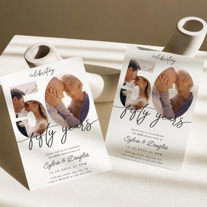 May include: Two white cards with black text and photos of a couple celebrating their 50th anniversary. The text reads "celebrating fifty years" and includes the couple's names and the date of the anniversary.