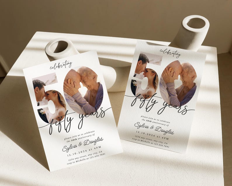 May include: Two white cards with black text and photos of a couple celebrating their 50th anniversary. The text reads "celebrating fifty years" and includes the couple's names and the date of the anniversary.