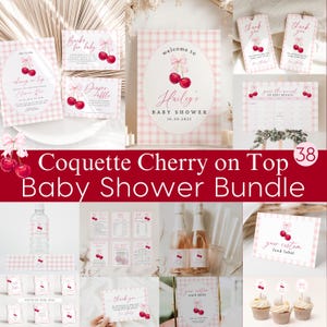 Kirsch-Babyparty-Einladungs-Set, Kirsche oben Bündel, rosa Gingham-Babyparty-Einladungs-Einladungs-Set, Kokette, rosa Schleifenbeeren Minimal Soft Girl