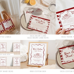 May include: Printable bridal shower party decorations in red and white with a striped pattern. Includes bottle labels, recipe cards, thank you cards, ready-made signs, and a custom food label. The text on the cards says "Please Bring a Recipe", "That's Amore!" and "Love, Isabella".