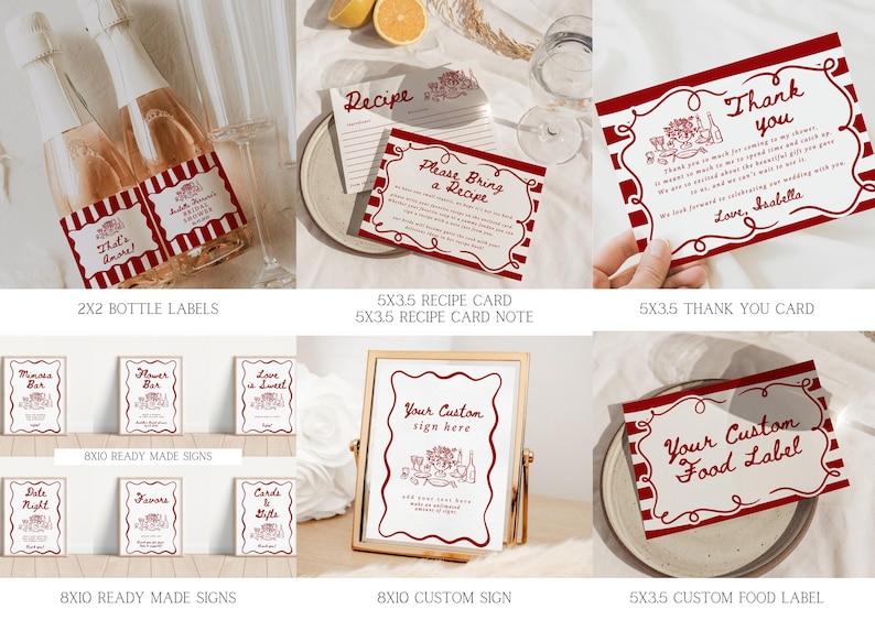 May include: Printable bridal shower party decorations in red and white with a striped pattern. Includes bottle labels, recipe cards, thank you cards, ready-made signs, and a custom food label. The text on the cards says "Please Bring a Recipe", "That's Amore!" and "Love, Isabella".