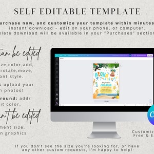 May include: A computer screen displaying a Canva design template for a luau party invitation. The template features a colorful design with a toucan, pineapple, and the text "Aloha Hula Luau" and "Charlie". The text "Customize on Canva, Free & Easy To Use!" is displayed below the screen.