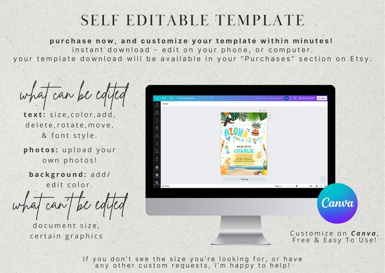May include: A computer screen displaying a Canva design template for a luau party invitation. The template features a colorful design with a toucan, pineapple, and the text "Aloha Hula Luau" and "Charlie". The text "Customize on Canva, Free & Easy To Use!" is displayed below the screen.
