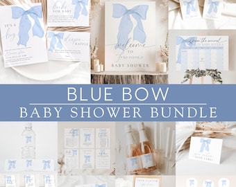 Blue Bow Baby Shower Bundle, Coquette Baby Boy Baby Shower Template, Blue Baby Shower Invitation Bundle, Modern Baby Bundle, Minimalist Soft