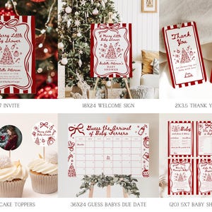 May include: A collection of red and white baby shower decorations with a Christmas theme. Includes invitations, welcome signs, thank you tags, cupcake toppers, a due date calendar, and baby shower games. The text includes "A Merry Little Baby Shower".