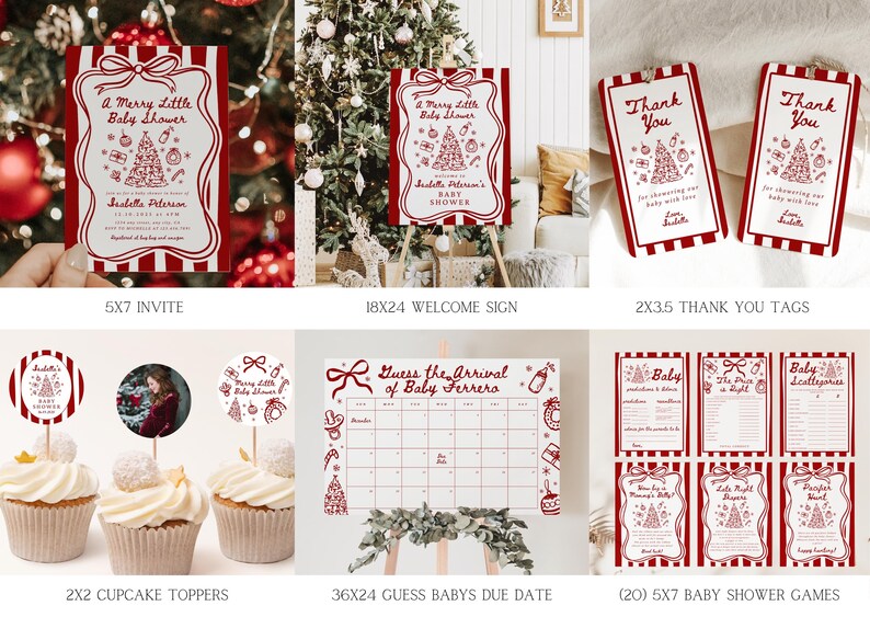May include: A collection of red and white baby shower decorations with a Christmas theme. Includes invitations, welcome signs, thank you tags, cupcake toppers, a due date calendar, and baby shower games. The text includes "A Merry Little Baby Shower".