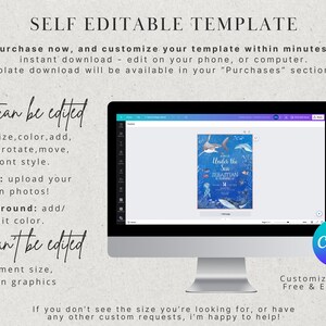 May include: A computer monitor displays a customizable template with the text "Under the Sea." The template is for a birthday invitation. The image includes text about editing text, photos, and background. The Canva logo is visible.