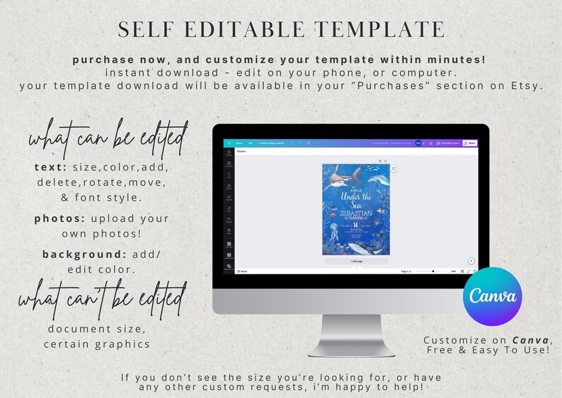 May include: A computer monitor displays a customizable template with the text "Under the Sea." The template is for a birthday invitation. The image includes text about editing text, photos, and background. The Canva logo is visible.