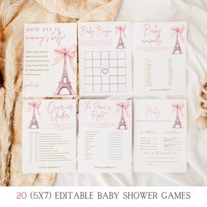 May include: Twenty printable baby shower game cards featuring a pink and white Eiffel Tower design. The games include "How Big is Mommy's Belly?", "Baby Bingo", "Over or Under", "The Price is Right", "Baby Animals", and "Baby Predictions & Advice".