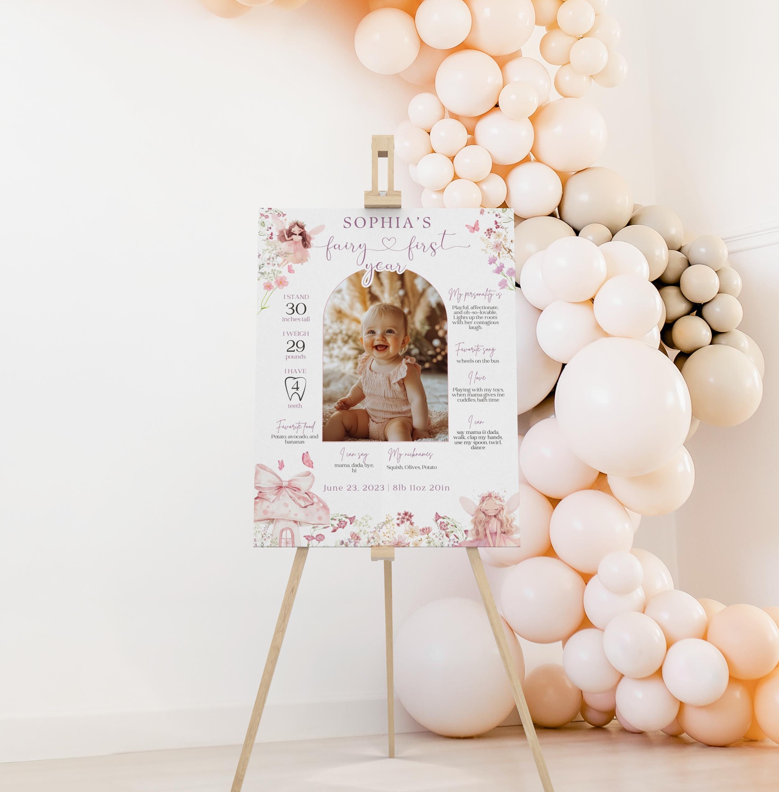 Fairy 1st Birthday Party Decorations - Our Little Fairy is Turning One Backdrop, Photo Banner, High Chair Banner, Cake Topper, Balloons, Pink Floral My Fairy First Birthday Party Decorations